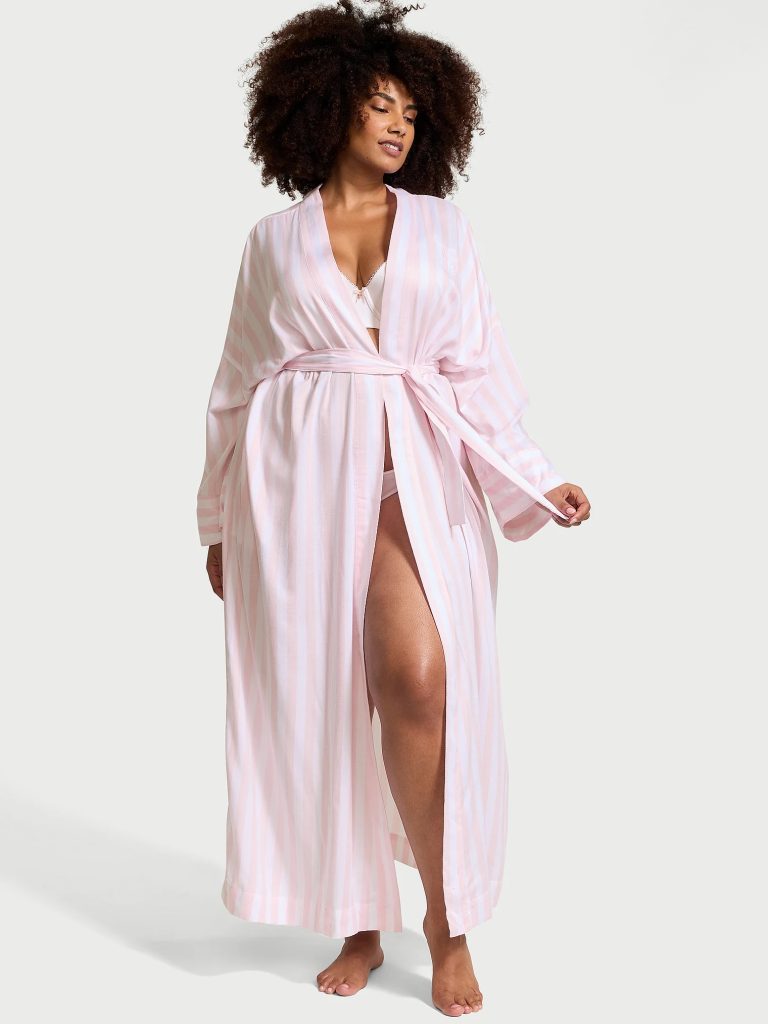 Victoria's Secret Lindo Robe Roupão Longo em Algodão Modal Listras Rosa