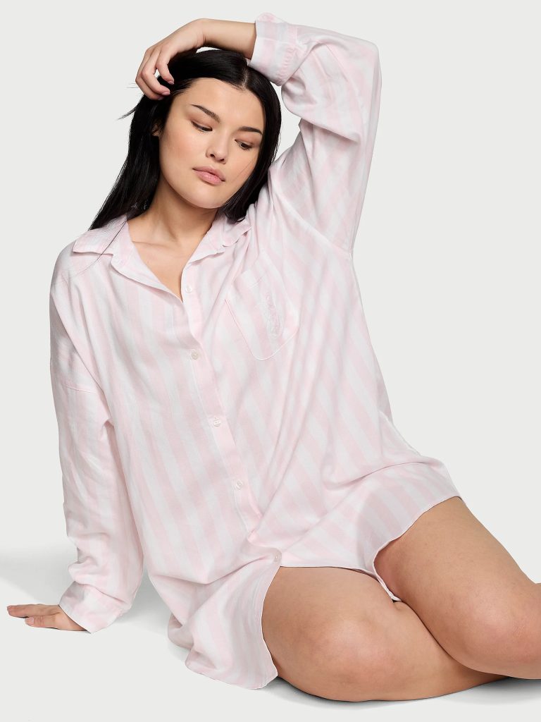 Victoria's Secret Pink Camisa de Pijama Algodão Modal Listra Rosa