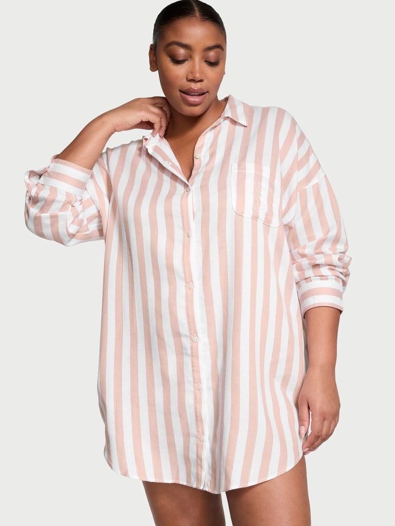 Victoria's Secret Pink Camisa de Pijama Algodão Modal Listra Salmão