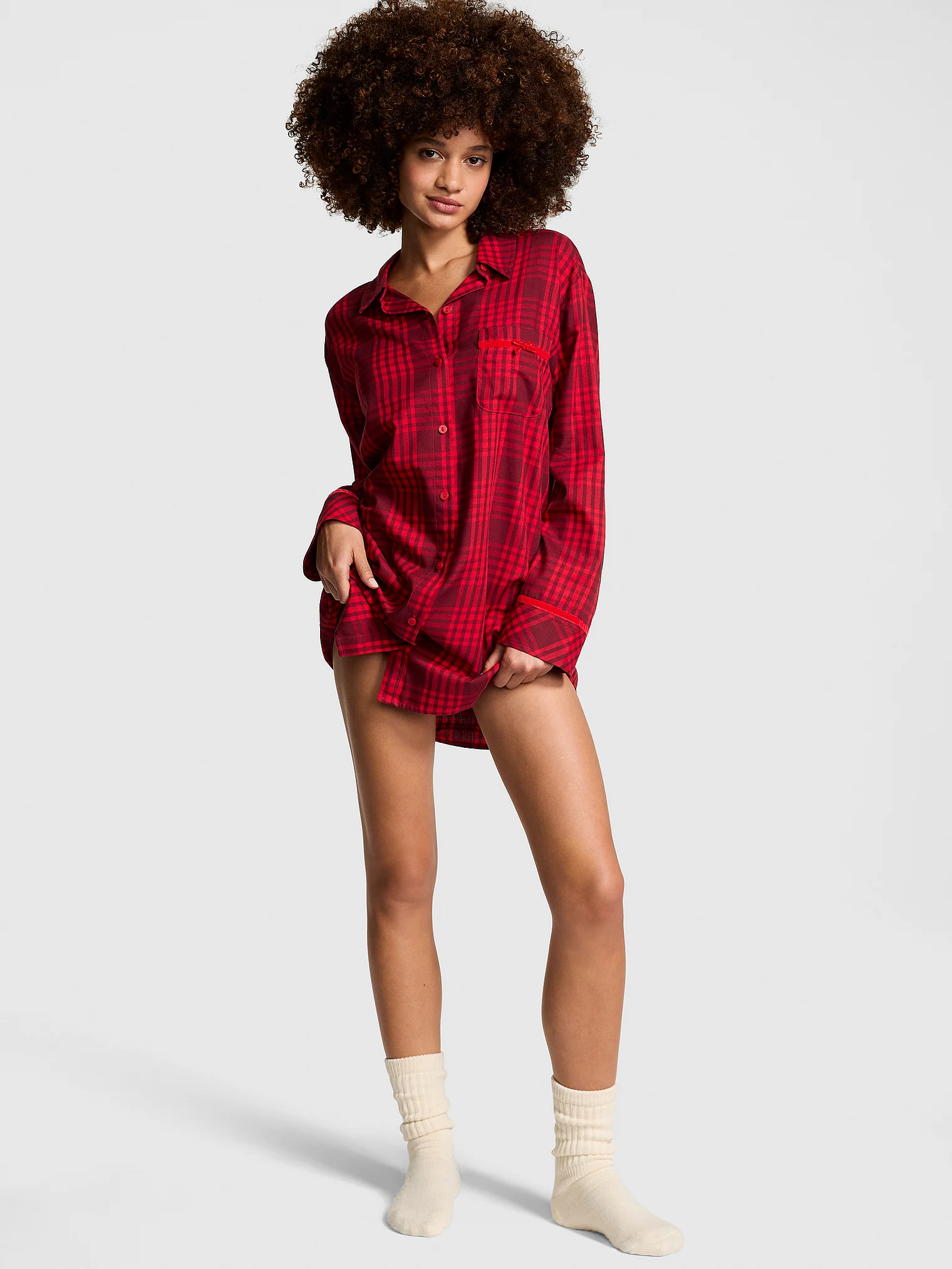 VICTORIA'S SECRET PINLK Festive Flannel Velvet-Trim Sleepshirt - Camisola - Tam. XL