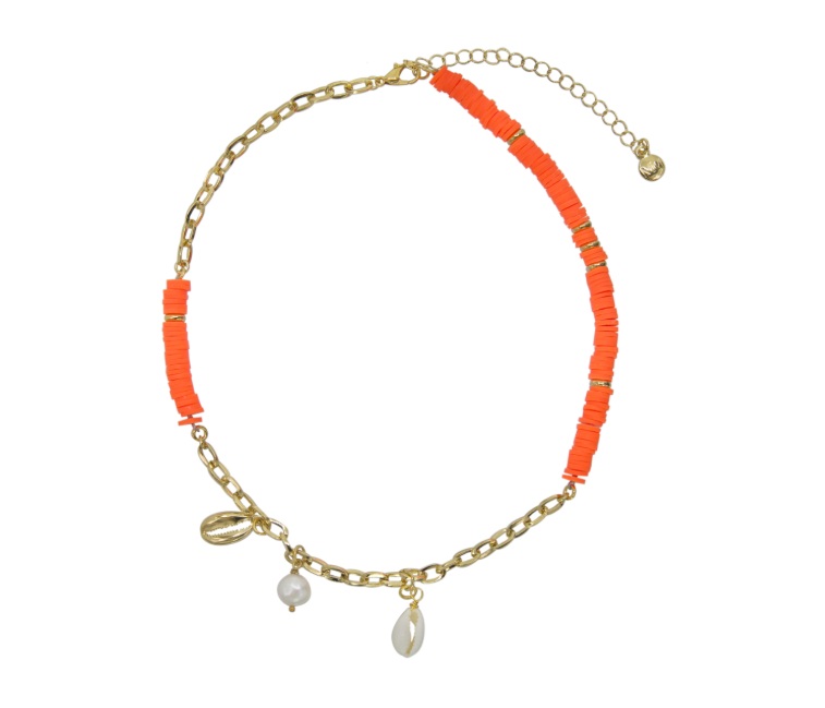 Colar Choker Mayamar 24K Laranja Neon | 38 cm | Conchas, Pérola e Ouro | Verão Luxo