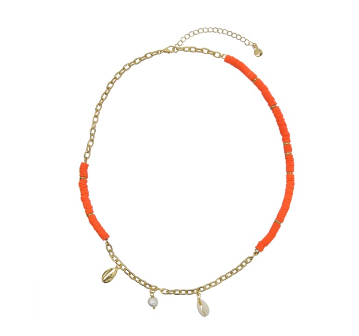 Colar Mayamar Collection | Dourado 24K Laranja Neon Conchas e Pérola | 50 cm | Peça de Luxo Artesanal