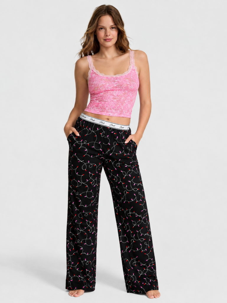 Conjunto Pijama Victoria's Secret PINK – Regata de Renda e Calça de Flanela